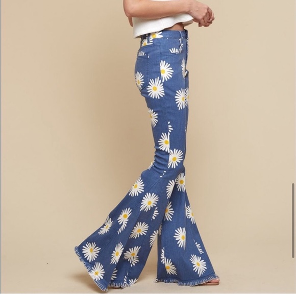 Daisy flower flare bell bottoms blue Jeans high waisted 70’s retro pants - Picture 7 of 9